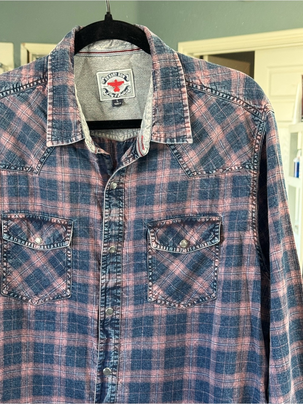 Desert Son Western Pearl Snap Button Pink & Denim Plaid Men's Shirt Size L